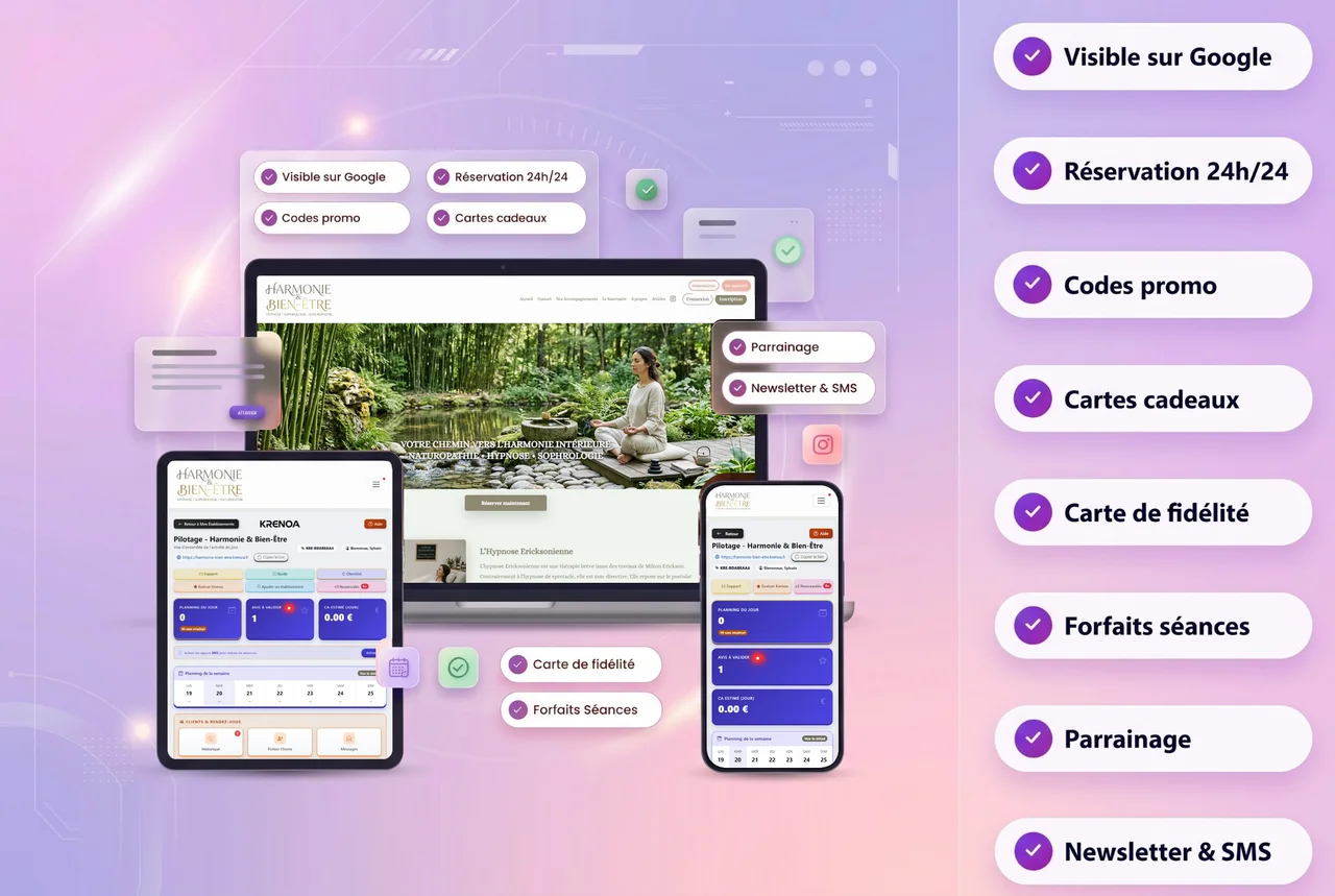Krenoa : site vitrine, agenda et espace de gestion sur ordinateur, tablette et mobile